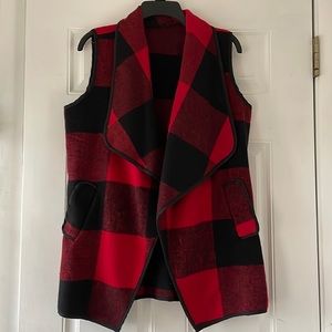 Womens Lapel Open Front Sleeveless Plaid Vest with Pockets, medium